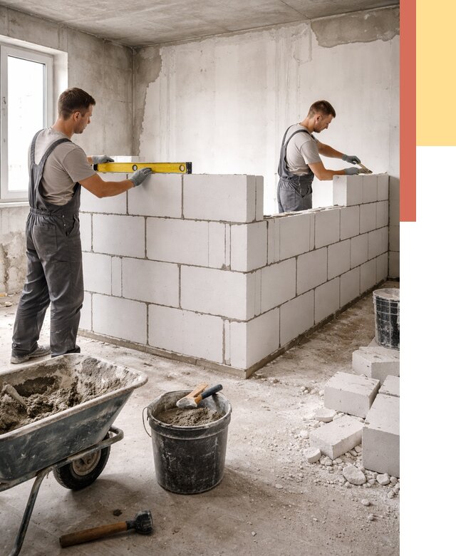 Кладка перегородок из ПГП в Муравленко от 2677 руб./м2 — монтаж и возведение под ключ | ОТДЕЛОЧНИК-Мрв