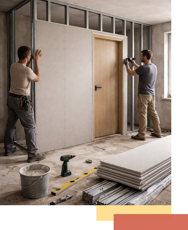 Перегородка из гипсокартона с дверью под ключ в Муравленко