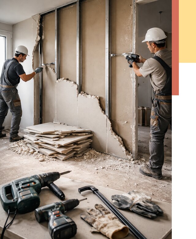 Демонтаж перегородки из гипсокартона в Муравленко от 1285 руб. быстро и недорого | ОТДЕЛОЧНИК-Мрв