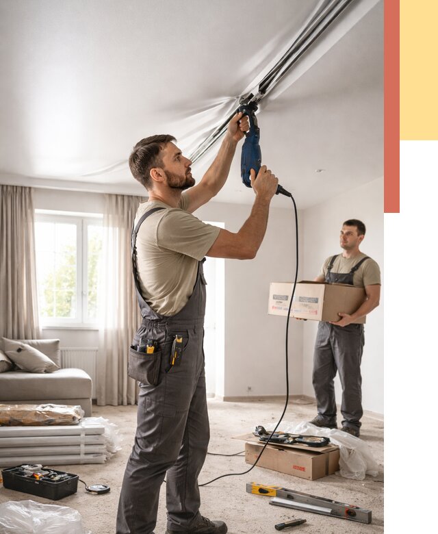 Монтаж сатинового натяжного потолка в Муравленко от 3747 руб. | Быстро, недорого — ОТДЕЛОЧНИК-Мрв