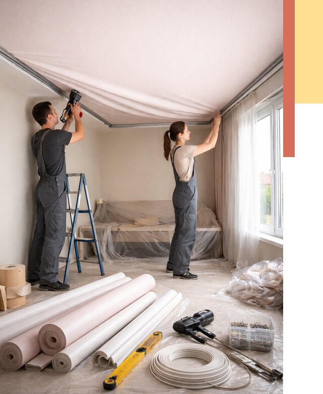 Монтаж цветного натяжного потолка в Муравленко от 4497 руб/м² — быстро и недорого | ОТДЕЛОЧНИК-Мрв