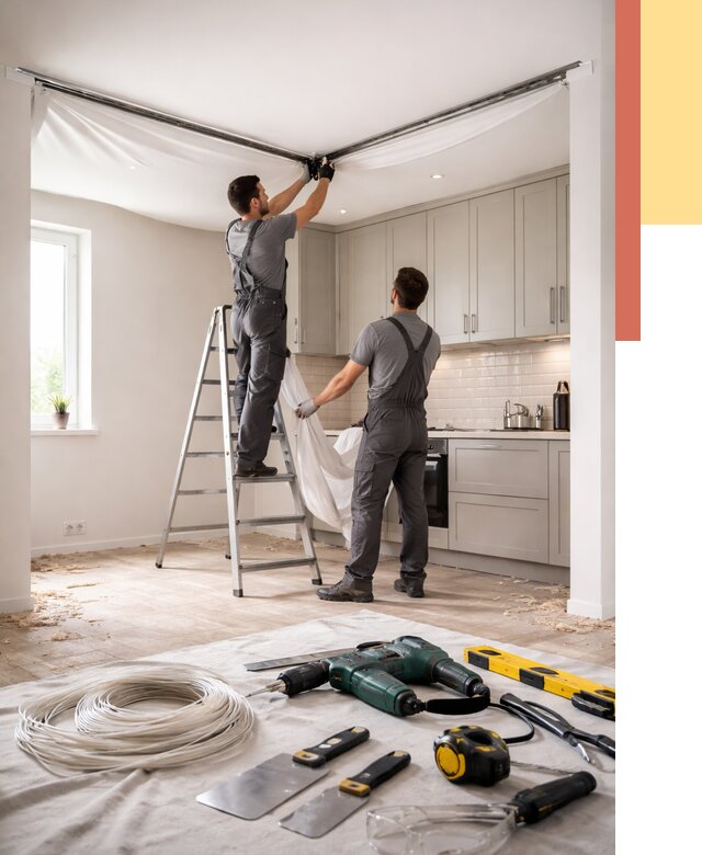 Установка натяжного потолка на кухне в Муравленко от 2569 руб. | ОТДЕЛОЧНИК-Мрв