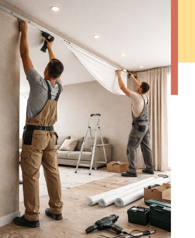 Монтаж натяжного потолка в гостиной в Муравленко от 589 руб. | ОТДЕЛОЧНИК-Мрв