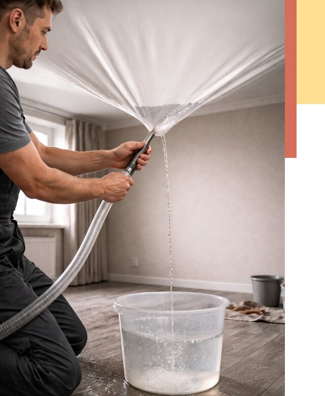 Слив воды с натяжного потолка в Муравленко от 2677 руб. быстро и недорого | ОТДЕЛОЧНИК-Мрв