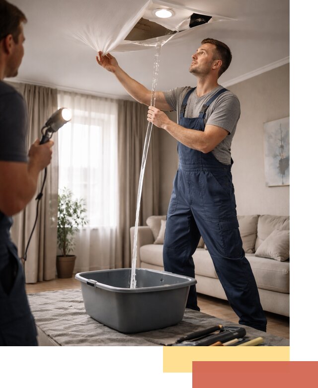 Слив воды с натяжного потолка в Муравленко быстро и аккуратно